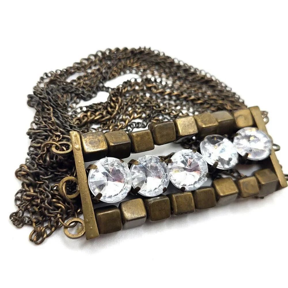 Chunky Bronze Bohemian Crystal Chain Rhinestone Bracelet 8in stretchy